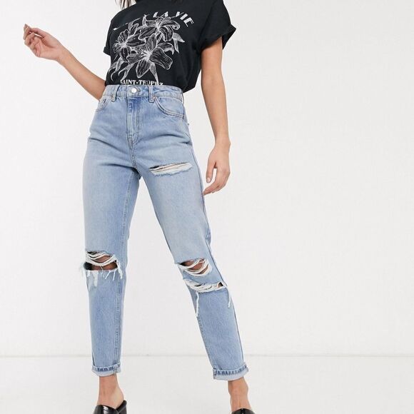 Topshop Distressed Mom Jeans with super rips in bleach Size 32 - Picture 1 of 12